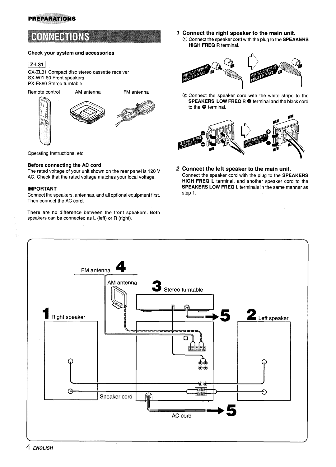 Aiwa Z-L31 manual Check your system and accessories, Right speaker Connect the right speaker to the main unit 