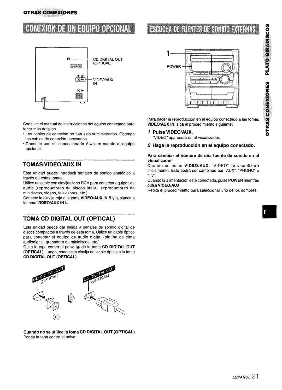 Aiwa Z-L31 manual Pulse VIDEO/AUX, Cuando no se utilice la toma CD Digital OUT Optical 