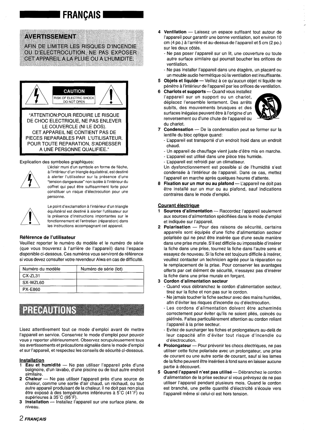 Aiwa Z-L31 manual Reference de I’utilisateur, CX-ZL31 