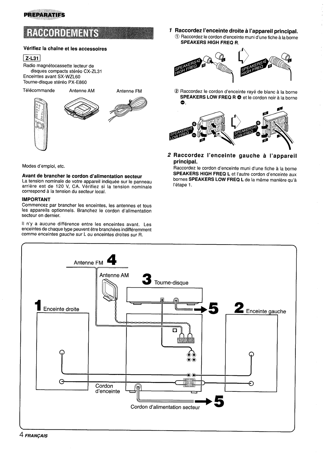 Aiwa Z-L31 manual Raccordez I’enceinte droite a I’appareil principal, Avant de brancher Ie cordon d’alimentation secteur 