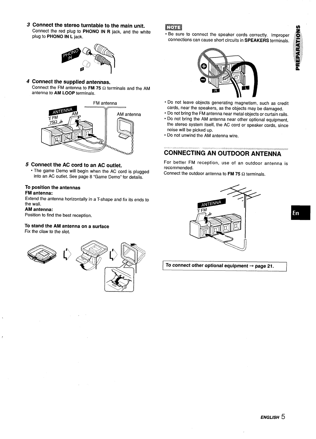 Aiwa Z-L31 Connecting AN Outdoor Antenna, Connect the stereo turntable to the main unit, Connect the supplied antenhas 