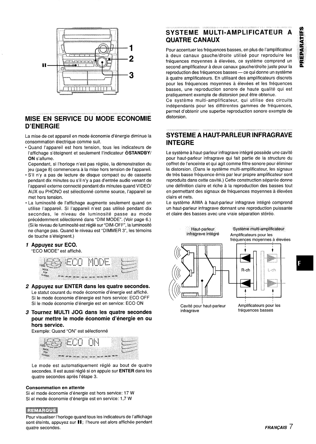 Aiwa Z-L31 manual Systeme a HAUT-PARLEUR Infragrave Integre, Appuyez sur ECO, Appuyez sur Enter clans Ies quatre secondes 