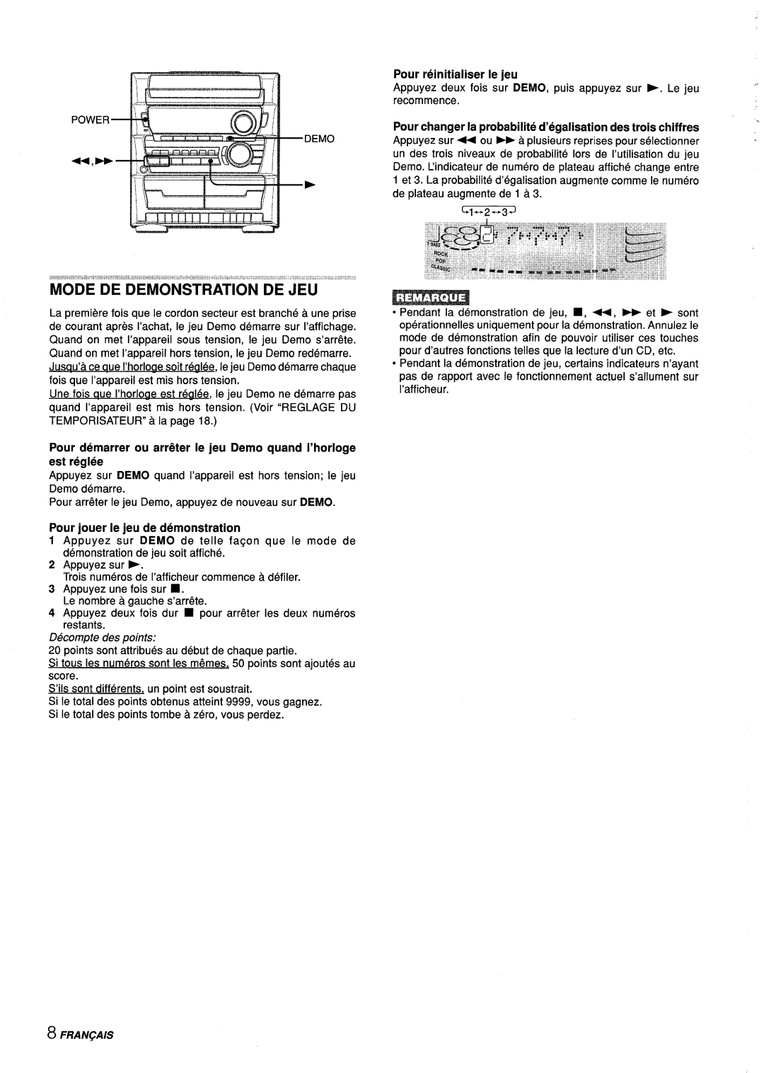 Aiwa Z-L31 manual Pour jouer Ie jeu de demonstration, Pour reinitialiser Ie jeu 