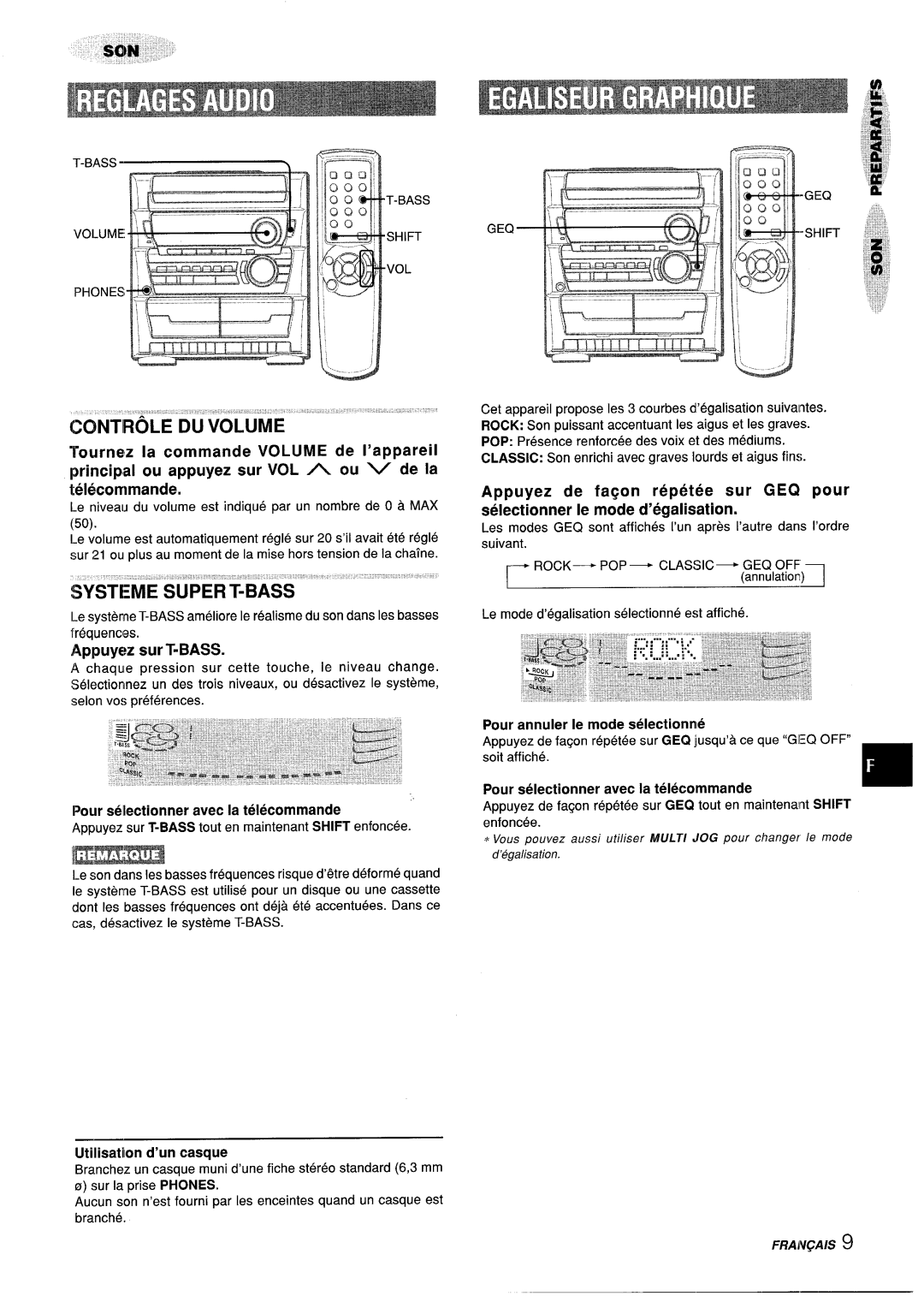 Aiwa Z-L31 Appuyez sur T-BASS, Pour selectionner avec la telecommande, Utilisation d’un casque, Rock- Pop Classic- Geq Off 