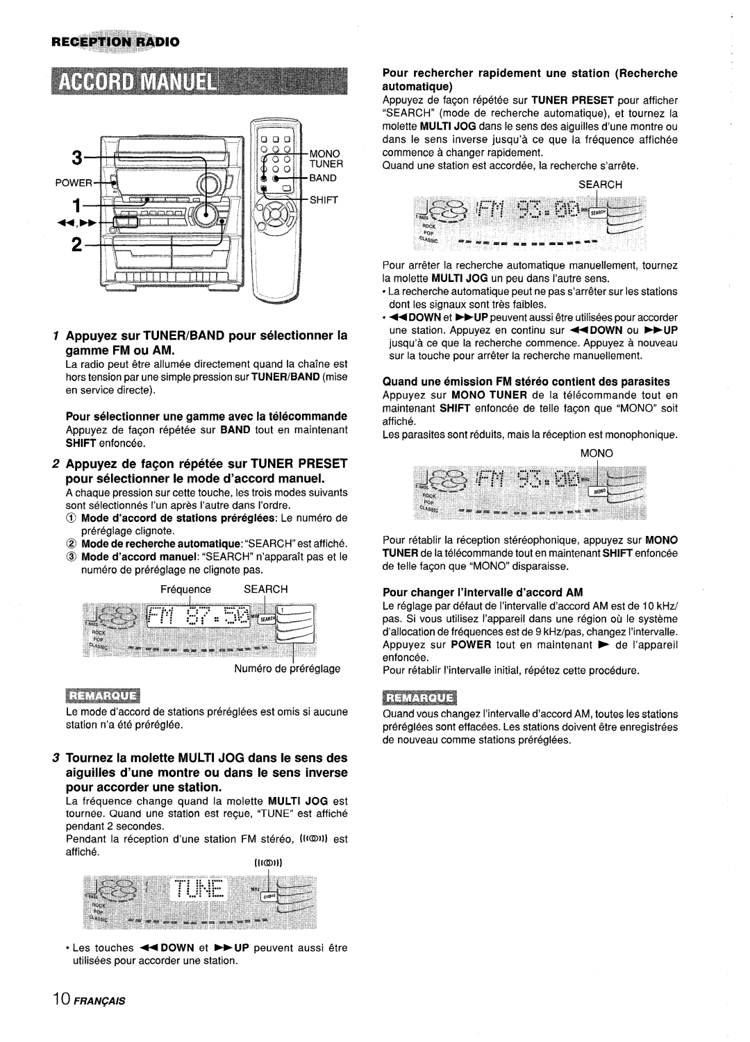 Aiwa Z-L31 Appuyez sur TUNER/BAND pour selectionner la gamme FM ou AM, Quand une emission FM stereo contient des parasites 