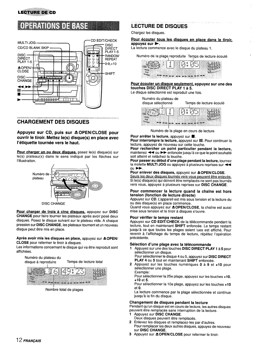 Aiwa Z-L31 manual Lecture DE Disques, Pour arr&er la lecture, appuyez sur, Selection d’une plage avec la telecommande 