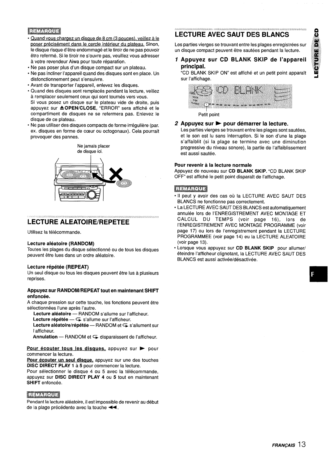 Aiwa Z-L31 manual Lecture Avec Saut Dies Blancs, Appuyez sur CD Blank Skip de I’appareil principal 