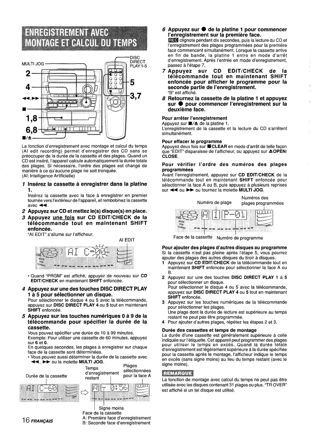 Aiwa Z-L31 manual EDIT/CHECK en maintenant Shift enfoncee, Premiere, Seconde, Pour arr6ter I’enregistrement 