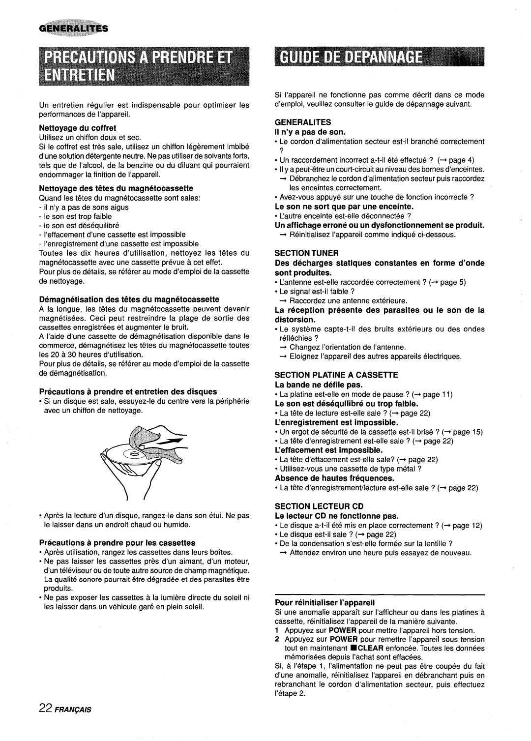 Aiwa Z-L31 Pour r6initialiser I’appareil, Generalities, Section Tuner, Section Platine a Cassette, Section Lecteur CD 
