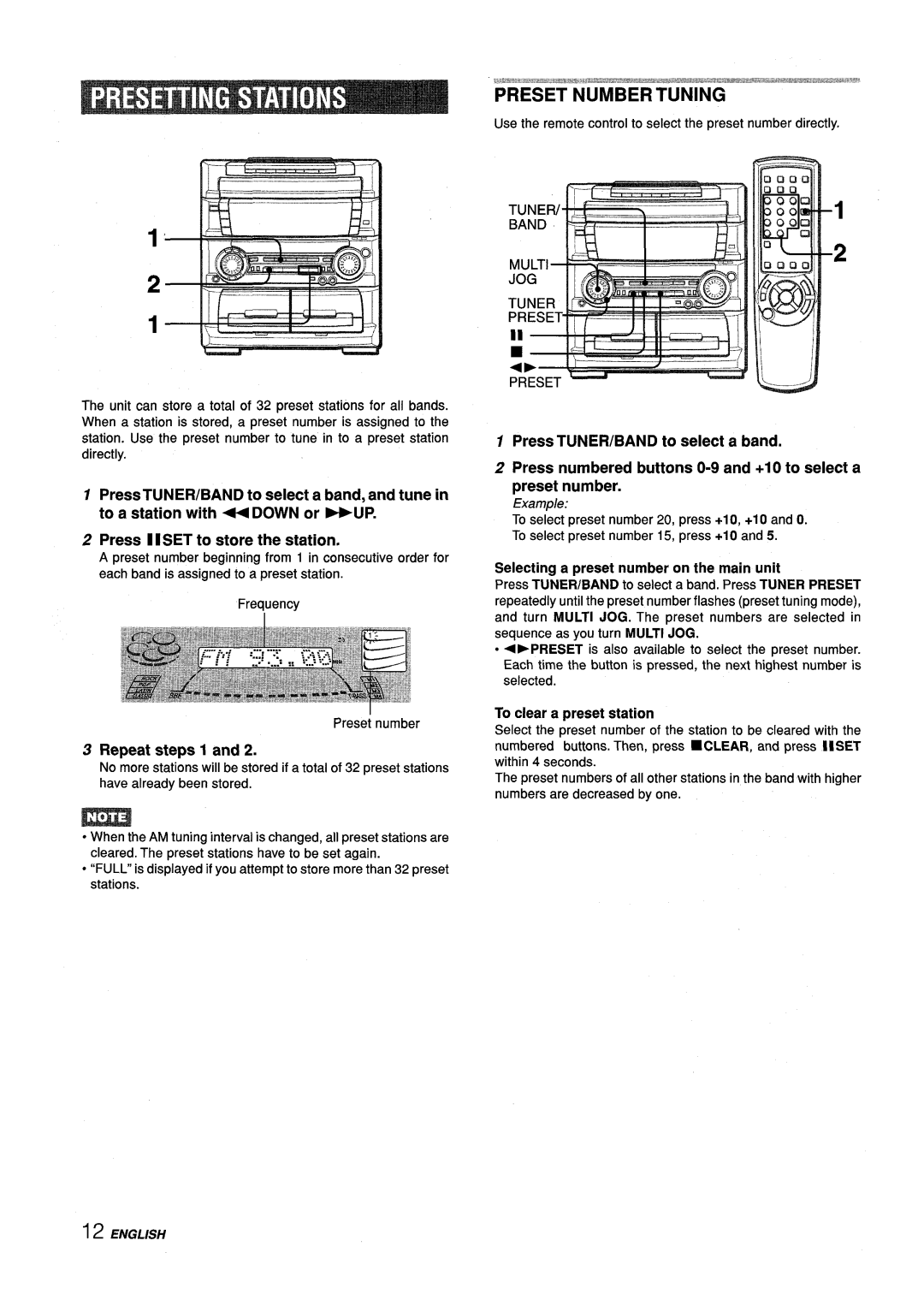 Aiwa Z-L70 manual Repeat steps 1, Selecting a preset number on the main unit, To clear a preset station 