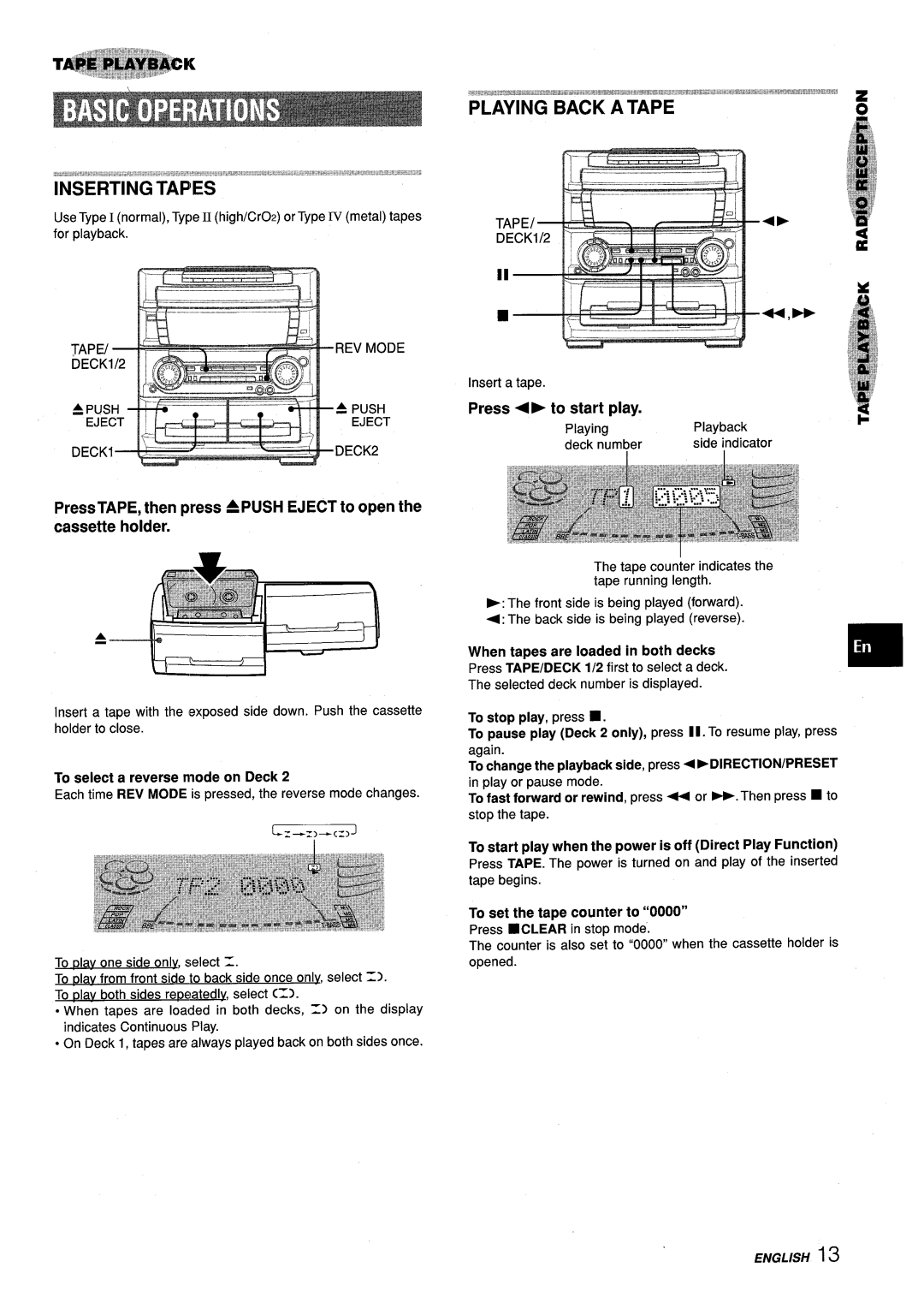 Aiwa Z-L70 manual REV Mode ~ Push Eject DECK2, To select a reverse mode on Deck, When tapes are loaded in both decks 