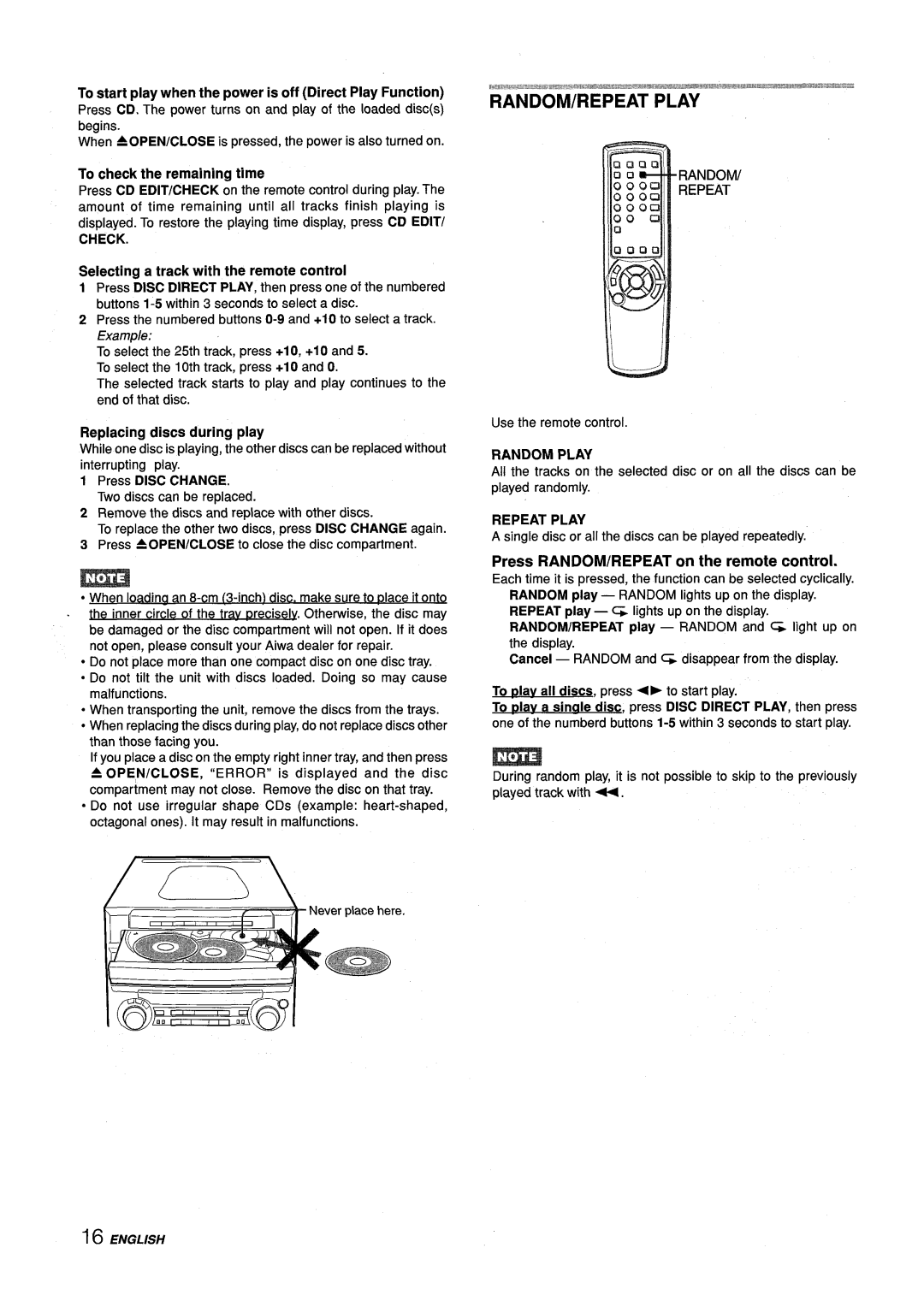 Aiwa Z-L70 manual Selecting a track with the remote control, Press RANDOM/REPEAT on the remote control, Check, Random Play 