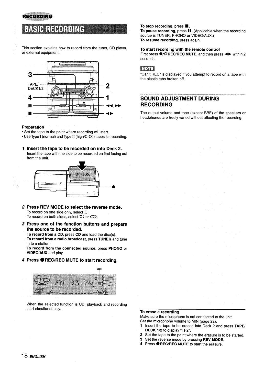 Aiwa Z-L70 manual Insert the tape to be recorded on into Deck, Press REV Mode to select the reverse mode 