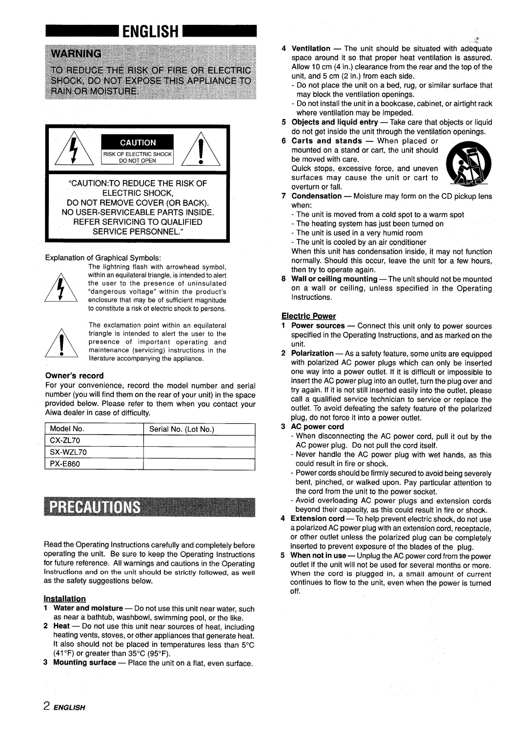 Aiwa Z-L70 manual Electric Power, Owner’s record, CX-ZL70 SX-WZL70, Installation, AC power cord 