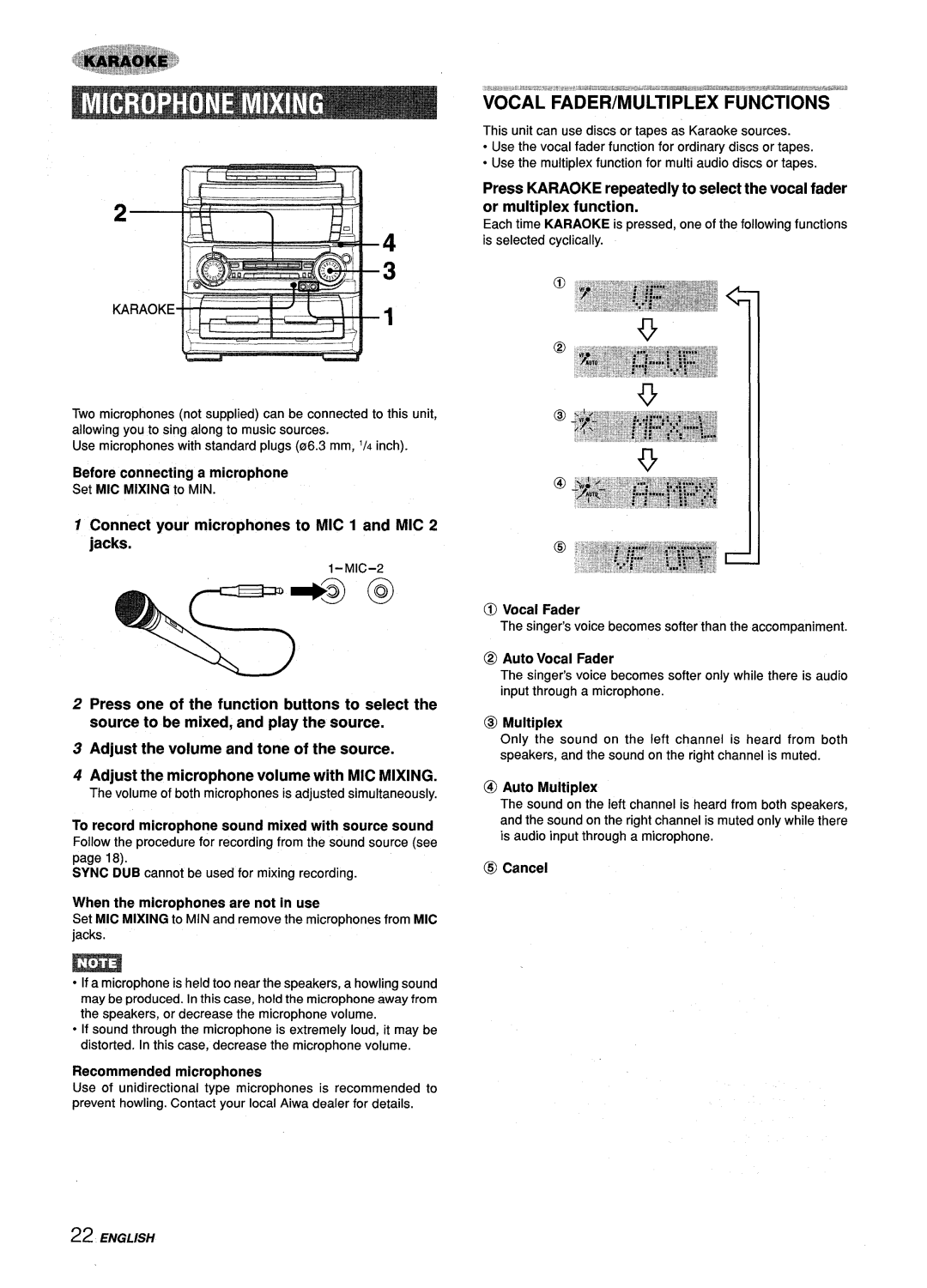 Aiwa Z-L70 manual Vocal FADER/MULTIPLEX Functions, Connect your microphones to MIC 1 and MIC 2 jacks 