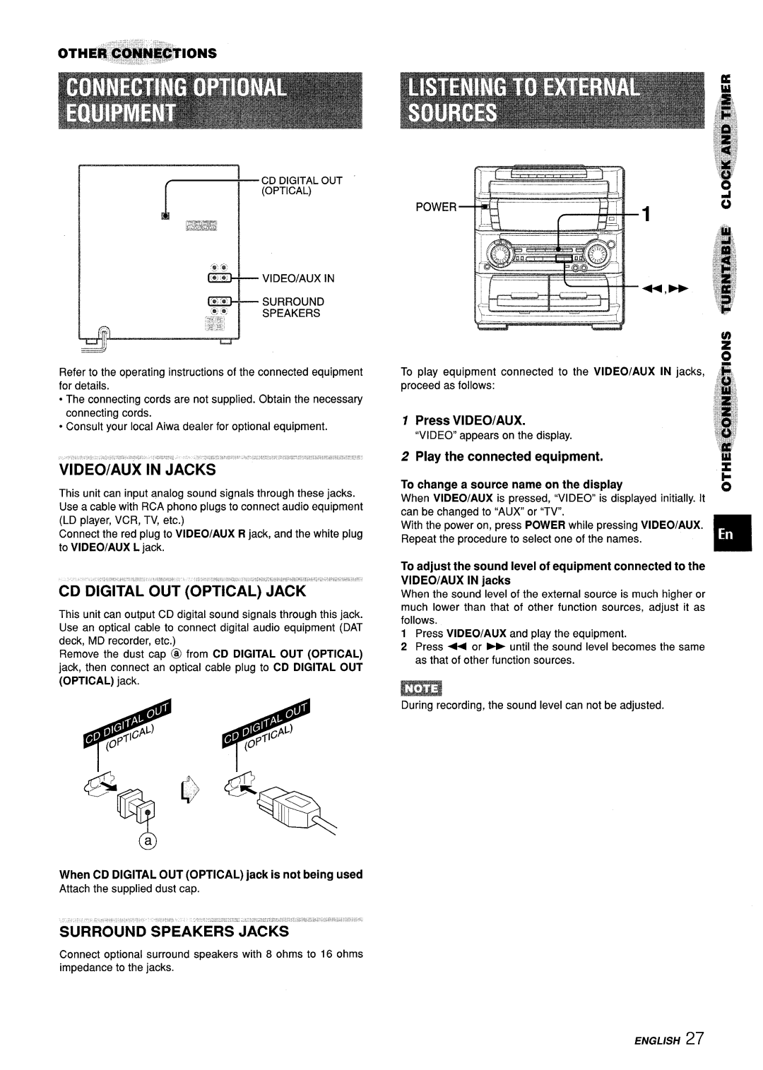 Aiwa Z-L70 manual Surround Speakers Jacks, Press VIDEO/AUX, CD Digital OUT Optical Power VIDEO/AUX Surround Speakers 