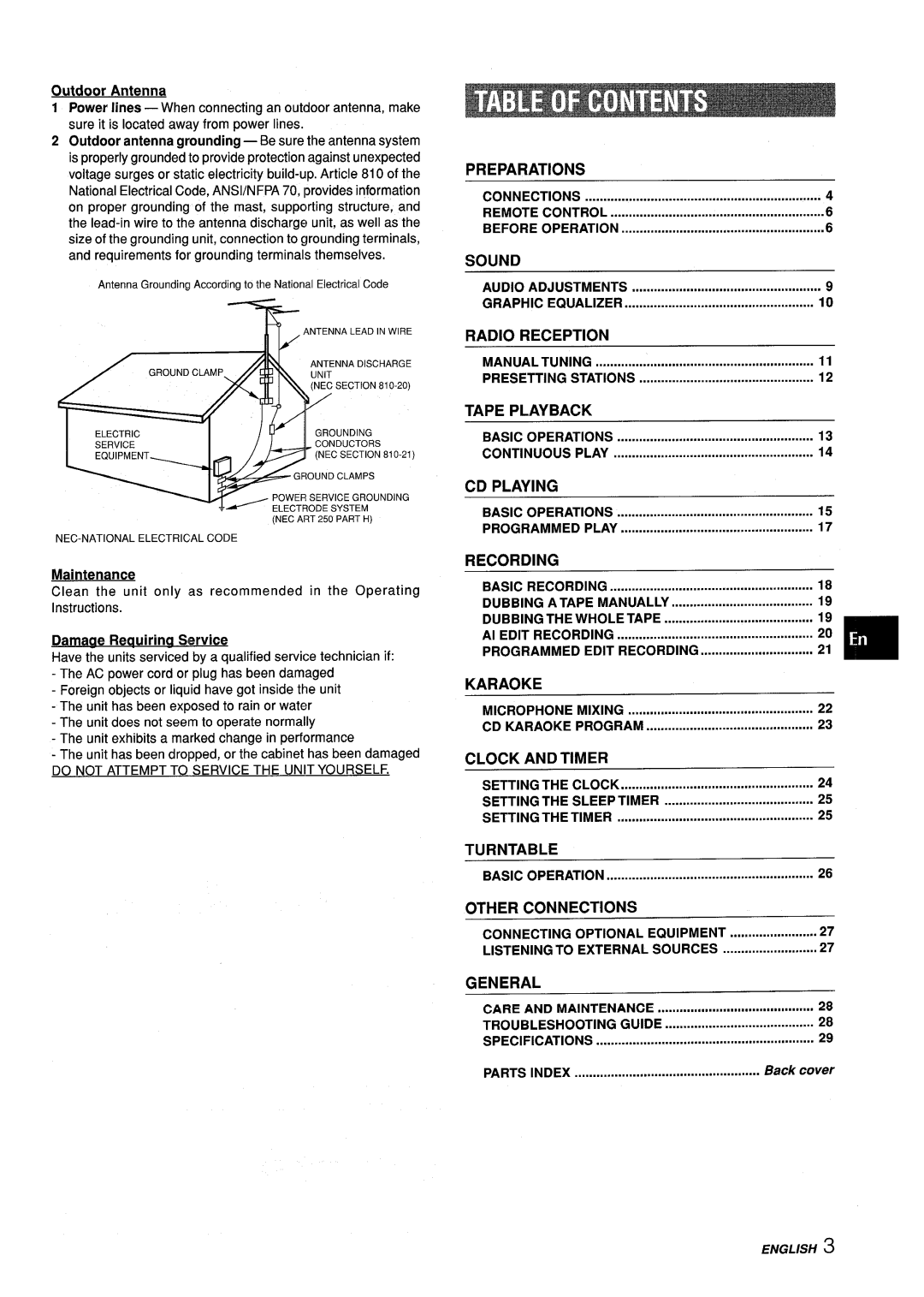 Aiwa Z-L70 Connections Remote Control Before Operation, Audio Adjustments, Manual Tuning Presetting Stations, Parts Index 