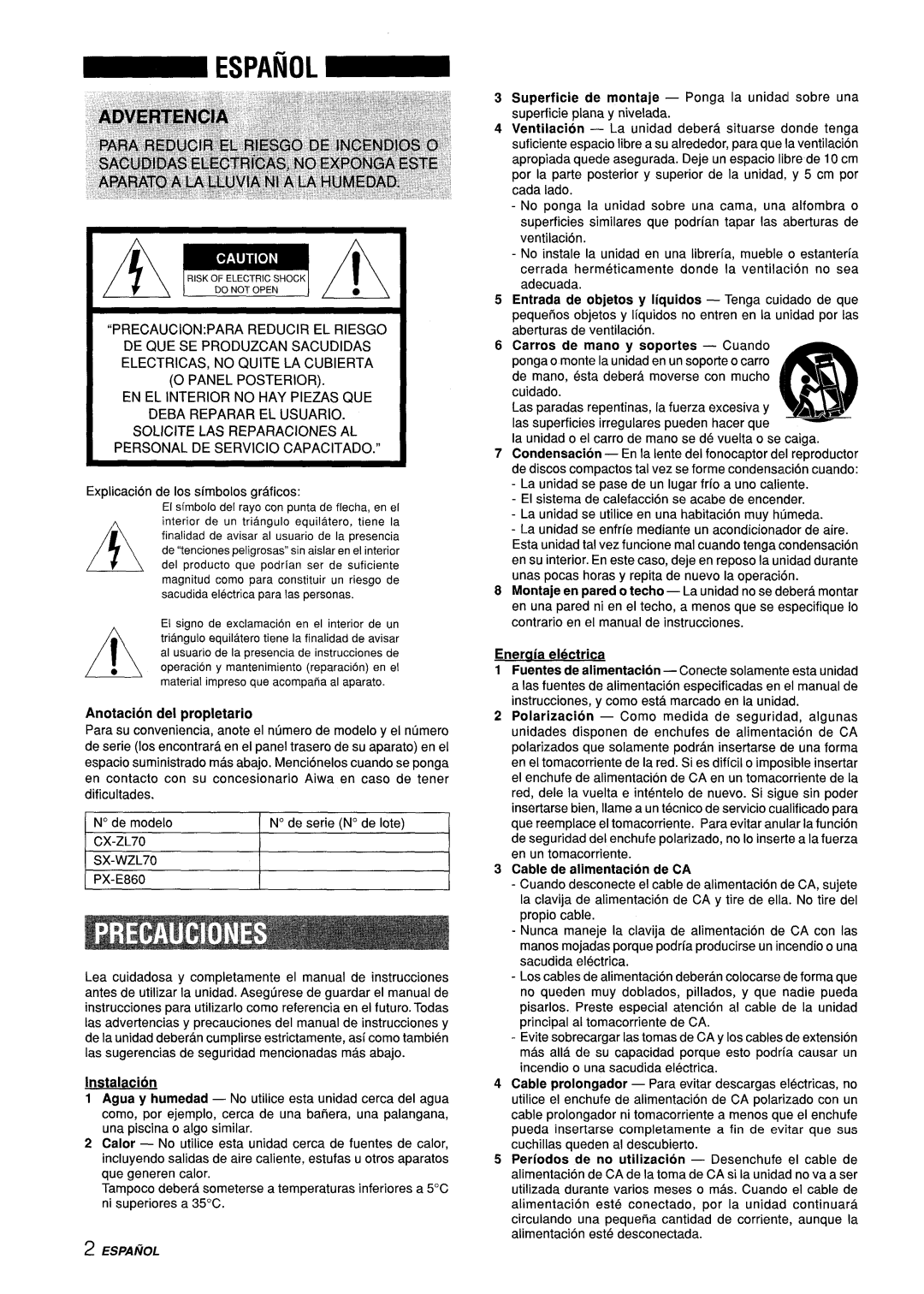 Aiwa Z-L70 manual Solicite LAS Reparaciones AL, Personal DE Servicio Capacitado, Anotacion del propletario, Instalacion 