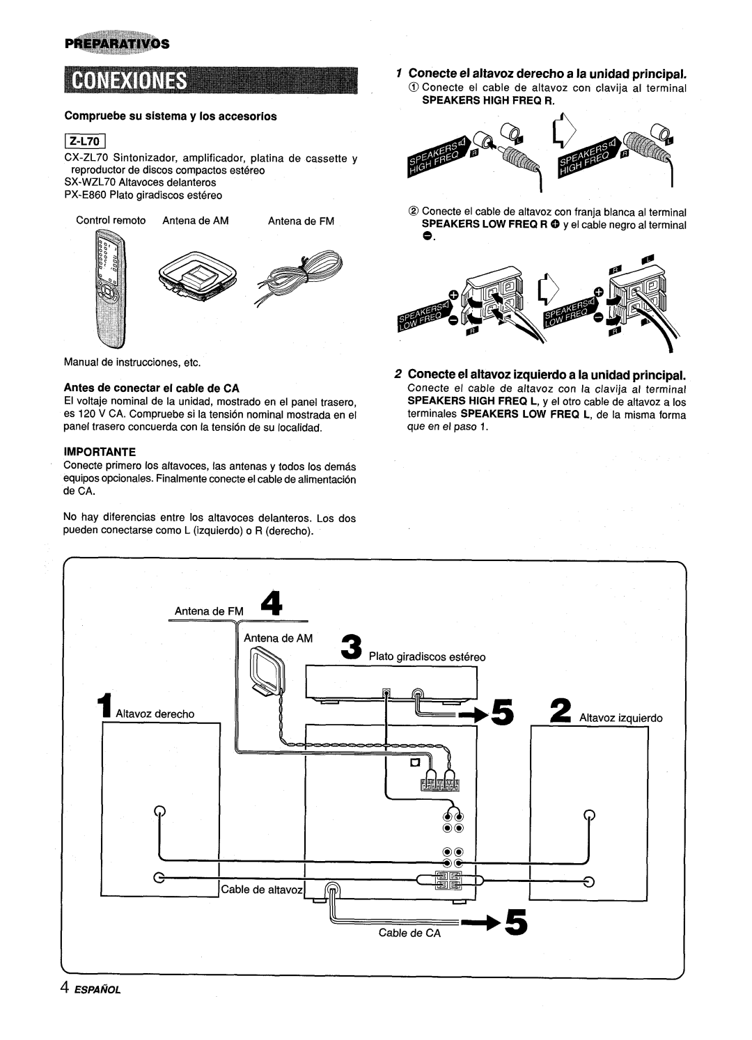 Aiwa Z-L70 manual Compruebe su sistema y Ios accesorios, Importante, Speakers High Freq R 