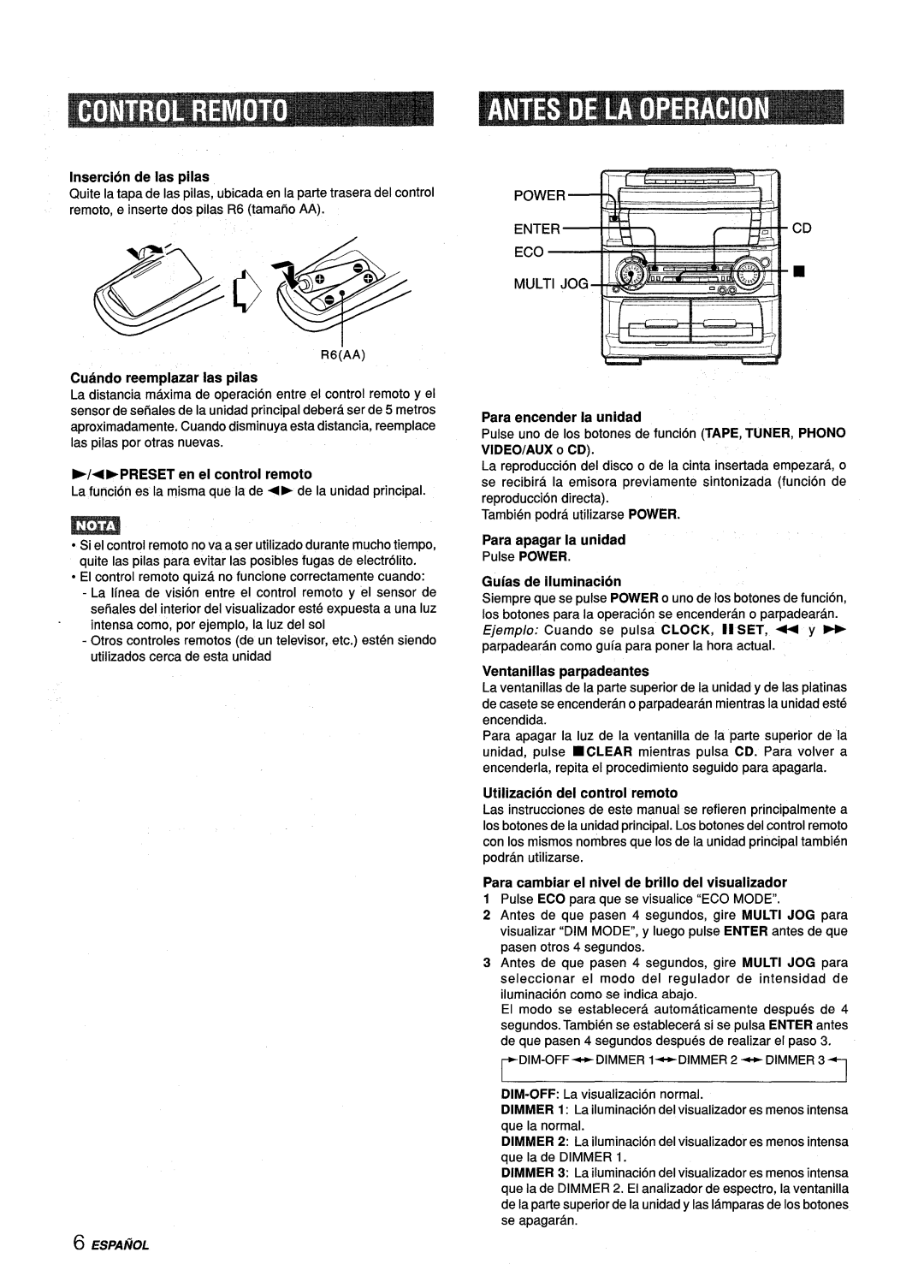 Aiwa Z-L70 manual Insercidn de Ias pilas, + Epreset en el control remoto, Para encender la unidad, Para apagar la unidad 