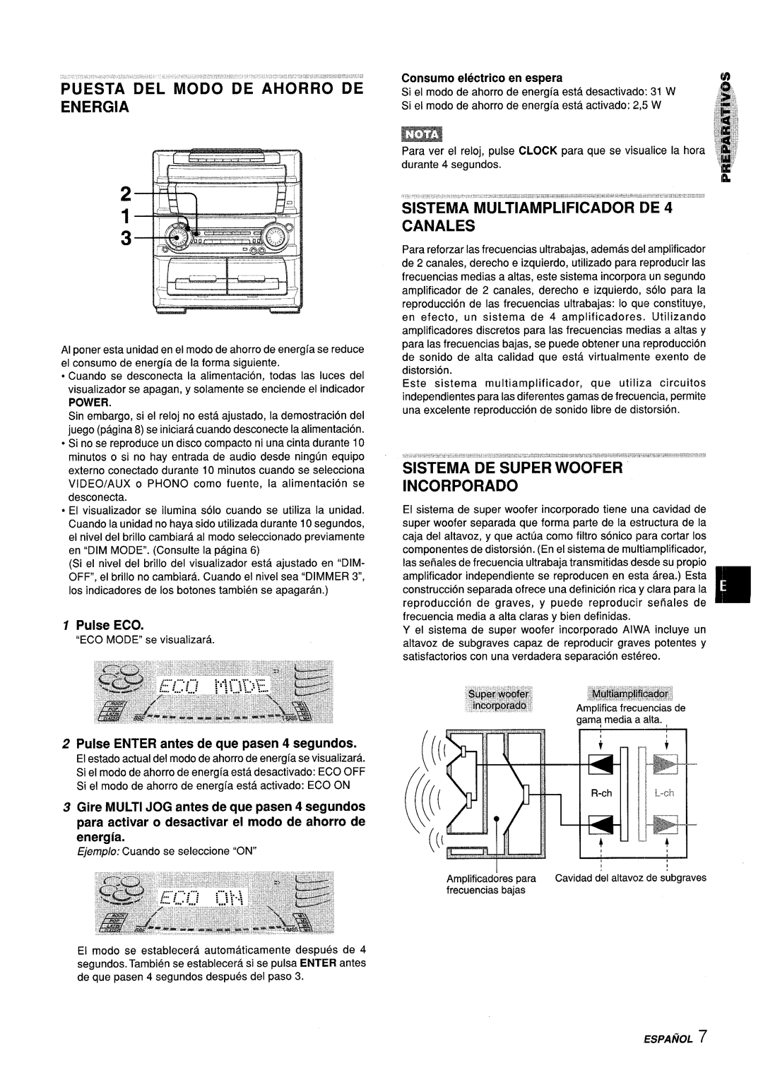 Aiwa Z-L70 manual Puesta DEL Modo DE Ahorro DE Energia, Sistema DE Super Woofer Incorporado, Pulse ECO 