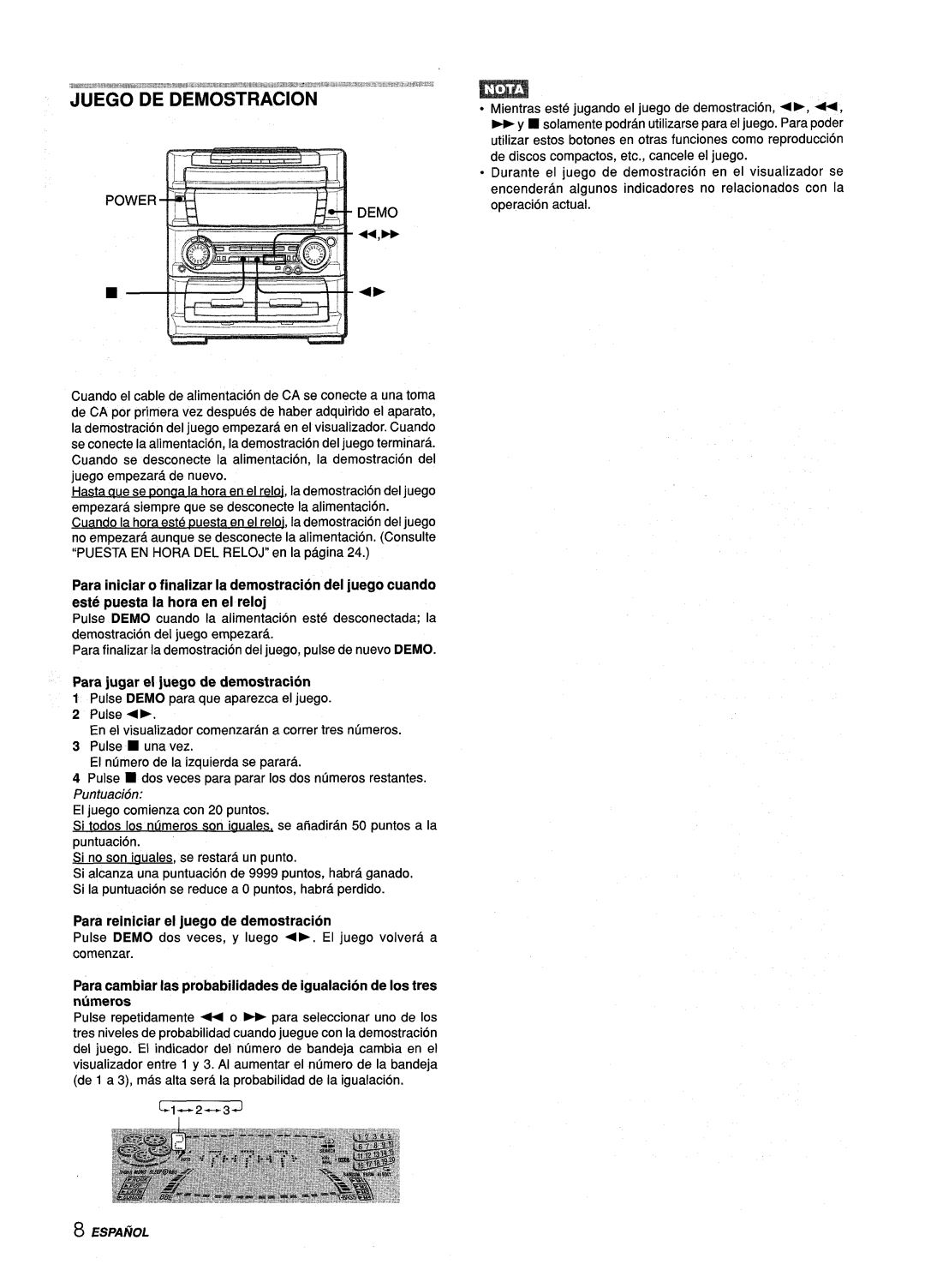 Aiwa Z-L70 manual Demo, Para jugar el juego de demostracirh, Para reiniciar et juego de demostracion 