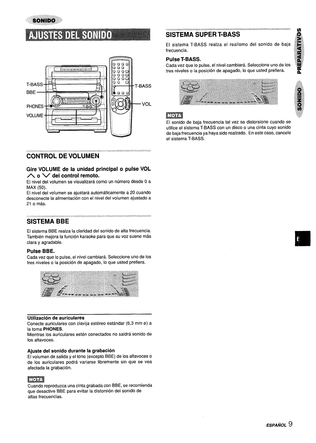 Aiwa Z-L70 manual Pulse T-BASS, Pulse BBE, Bass VOL, Utilization de auriculares, Ajuste del sonido durante la grabacion 