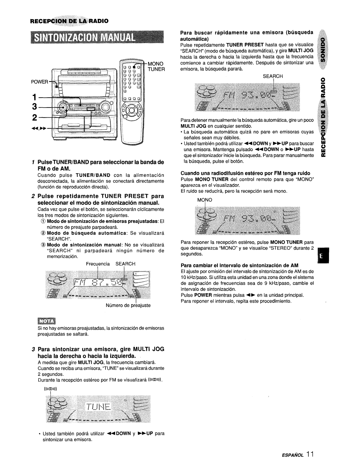 Aiwa Z-L70 PulseTUNER/BAND para seleccionar la banda de FM o de AM, Seleccionar el modo de sintonizacion manual 