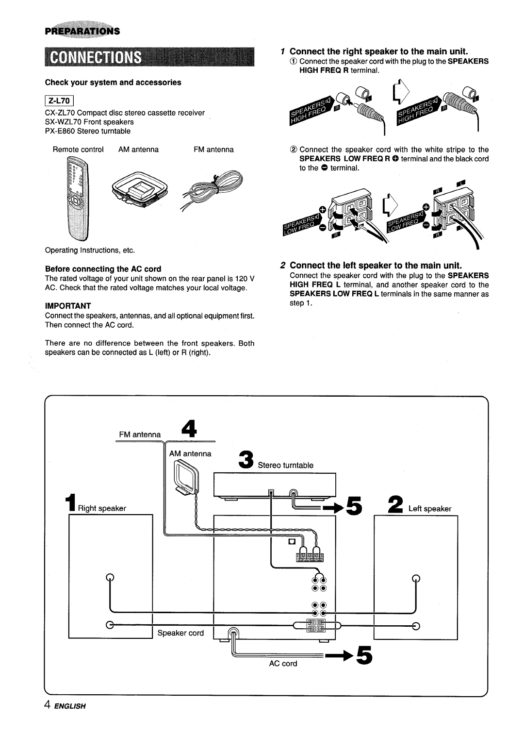 Aiwa Z-L70 manual Connect the right speaker to the main unit, Connect the left speaker to the main unit 