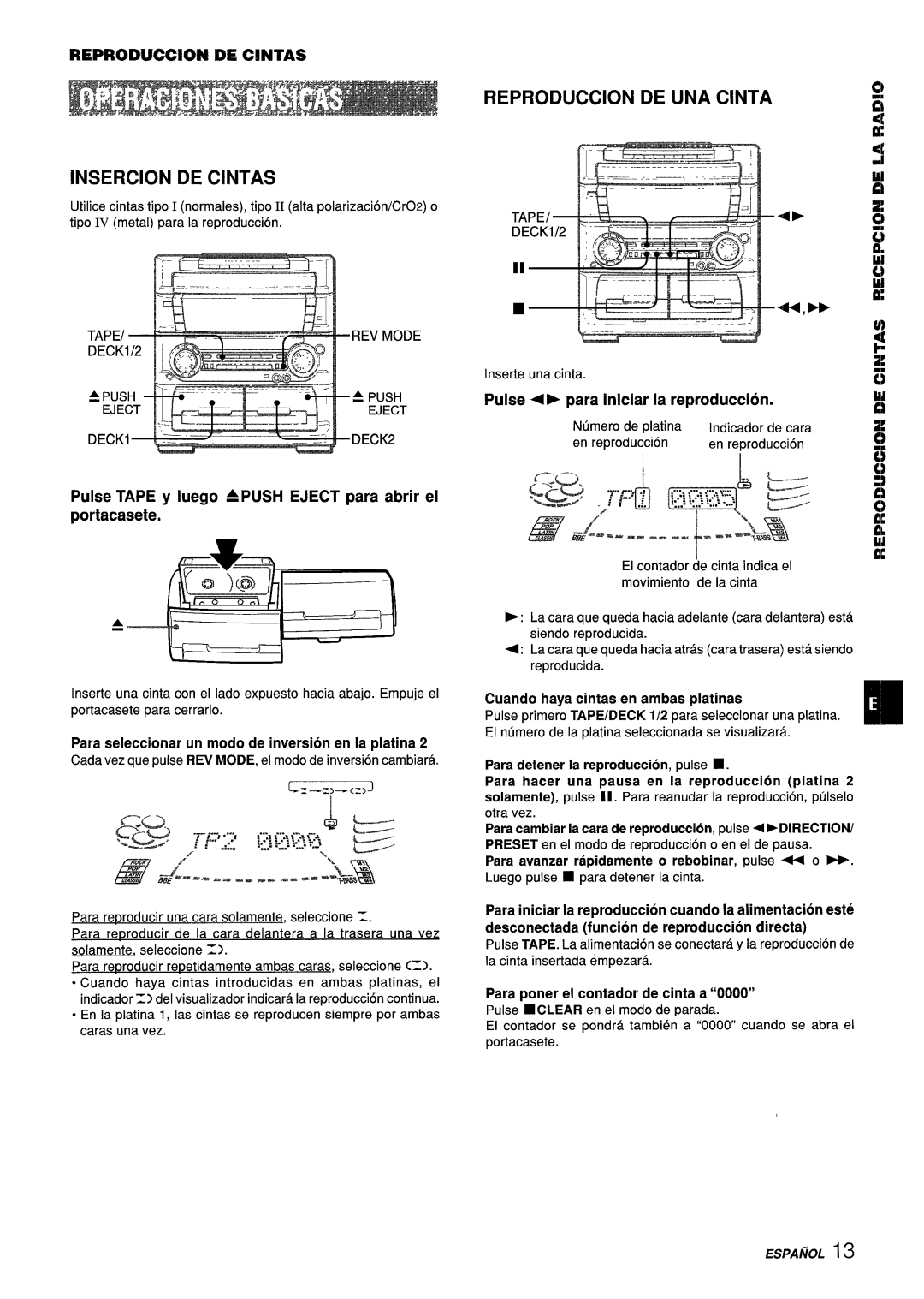 Aiwa Z-L70 manual Insercion DE Cintas, Reproduction DE UNA Cinta, Pulse Tape y Iuego Apush Eject para abrir el Portacasete 