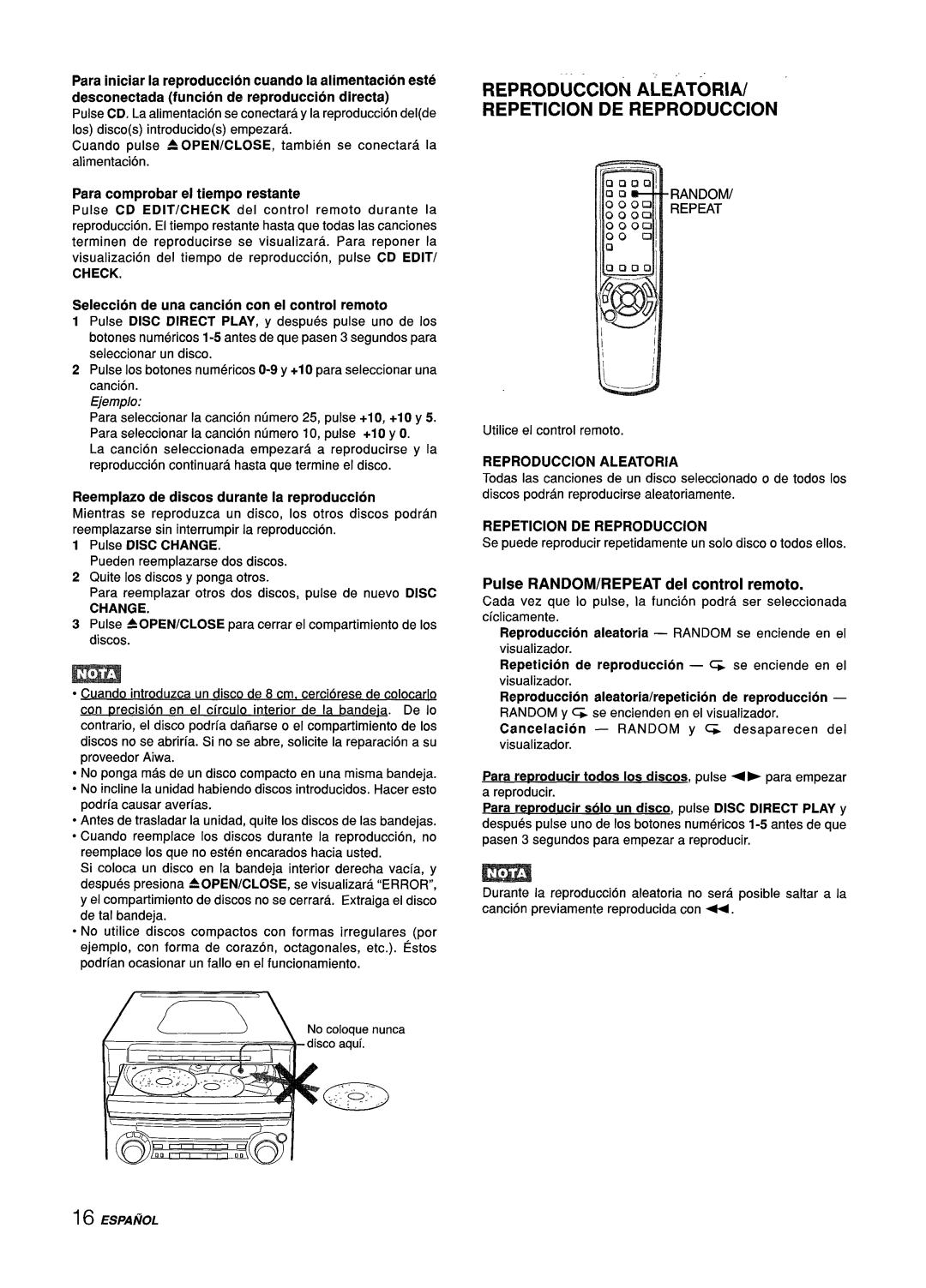 Aiwa Z-L70 manual Reproduction Aleatoriai Repetition DE Reproduction, Pulse RANDOM/REPEAT del control remoto, Change 