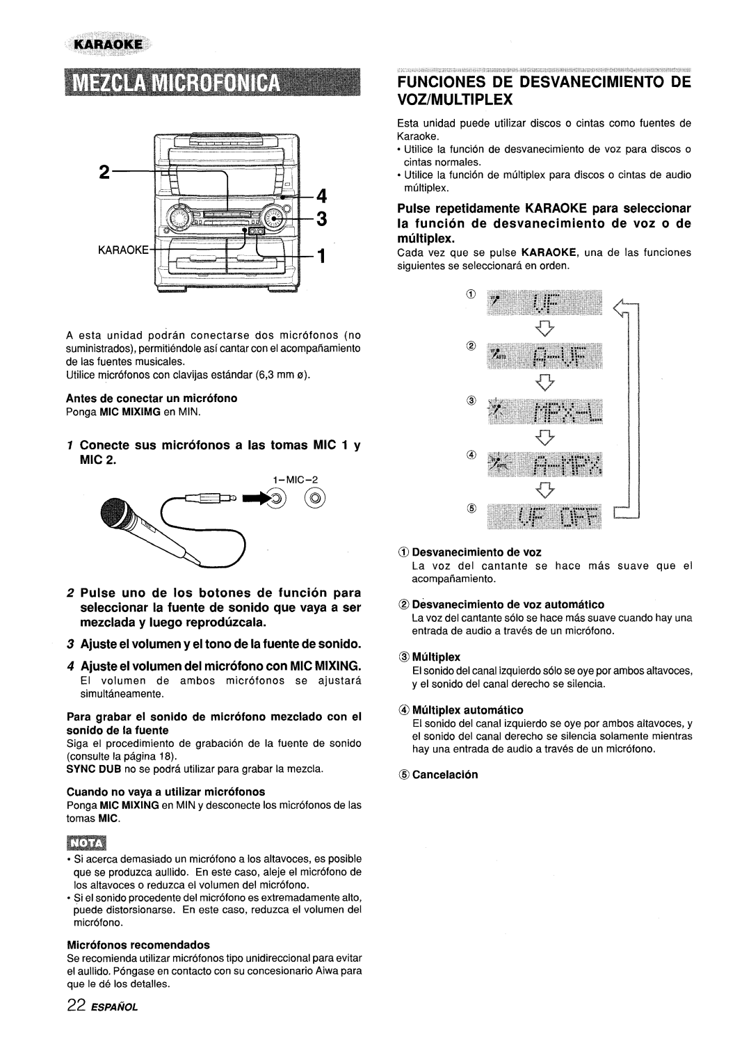 Aiwa Z-L70 manual FUNCIONES’’D’E Desvanecimiento DE VOZ/MULTIPLEX, Conecte sus microfonos a Ias tomas MIC Iy 