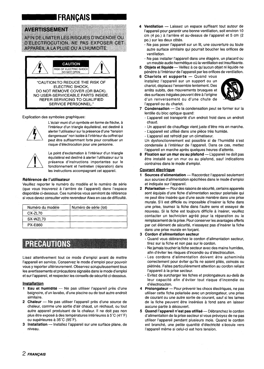 Aiwa Z-L70 manual CX-ZL70 SX-WZL70, Cordon d’alimentation secteur 