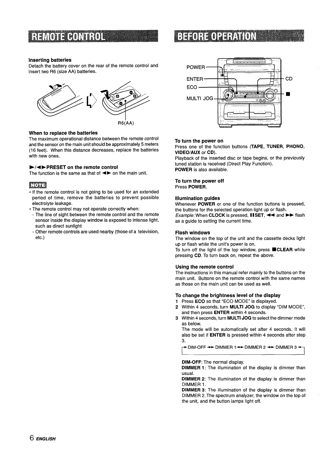 Aiwa Z-L70 manual Inserting batteries, When to replace the batteries, + Preset on the remote control, To turn the power on 