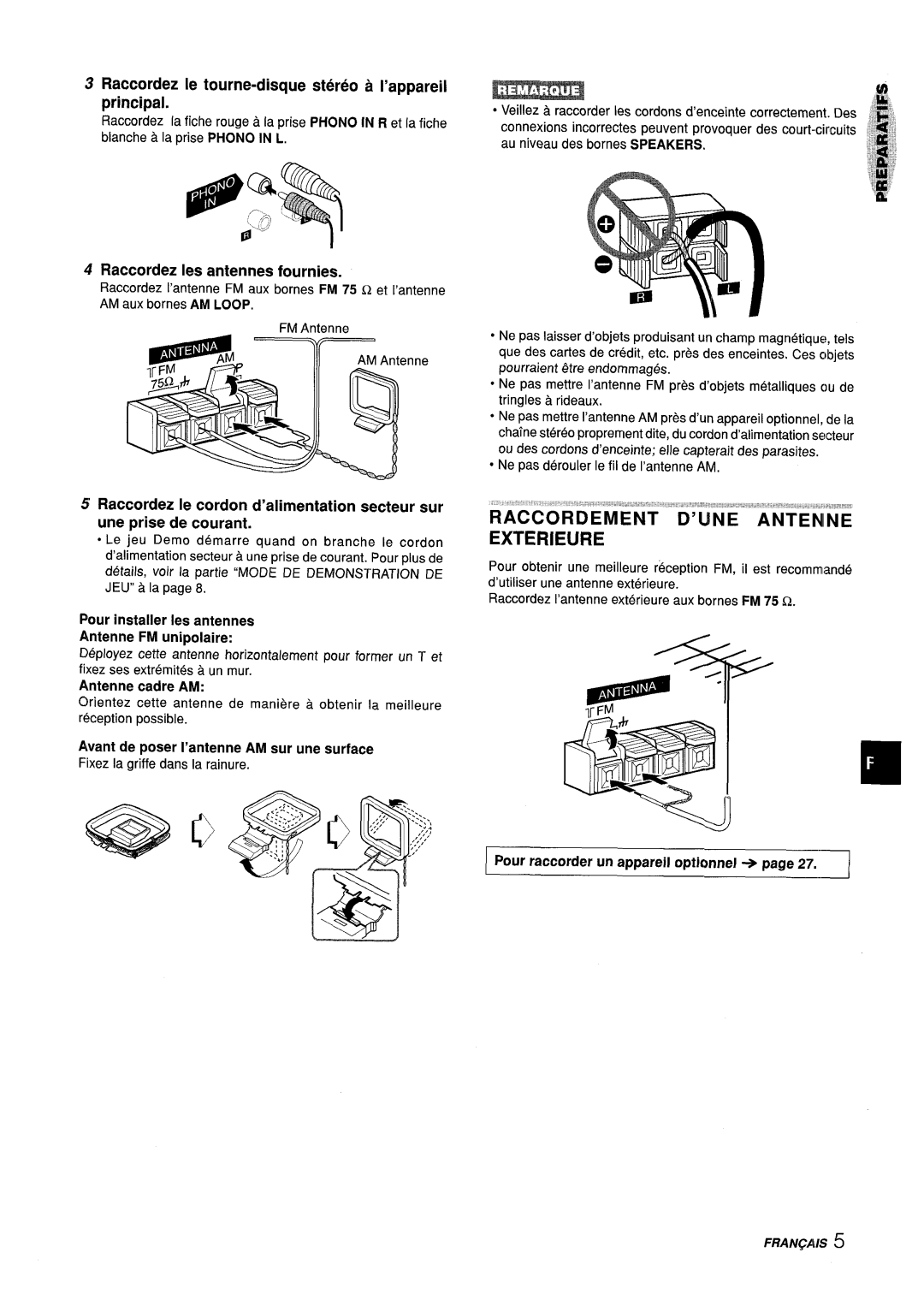 Aiwa Z-L70 manual Exterieure, Raccordez Ie tourne-disque stereo a I’appareil principal, Raccordez Ies antennes fournies 