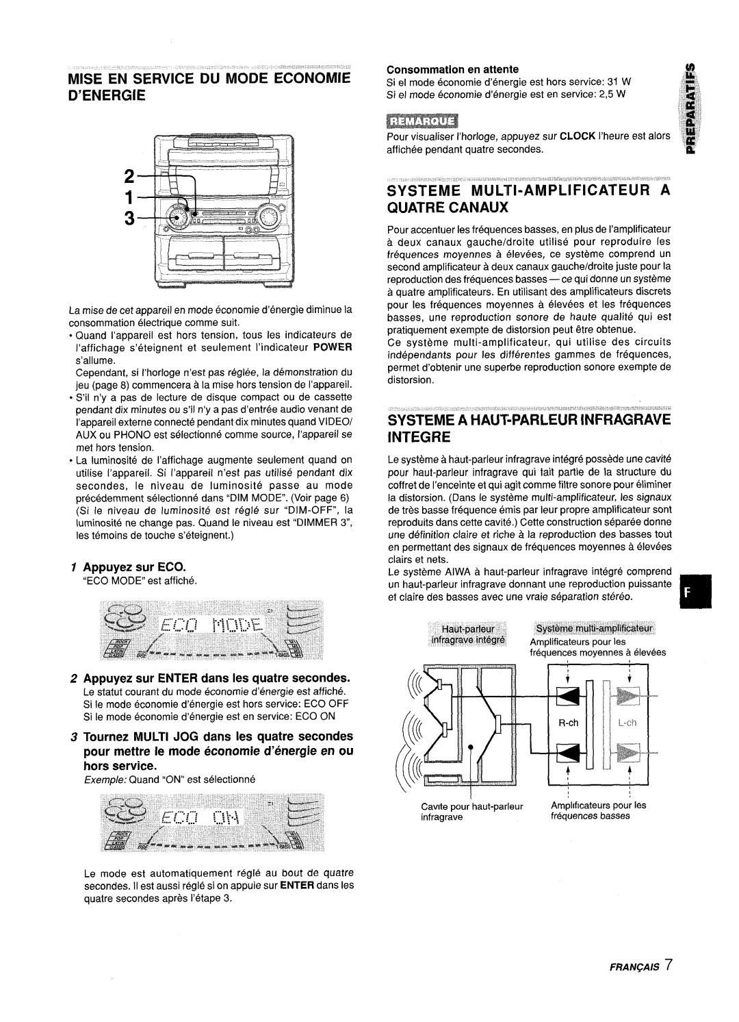 Aiwa Z-L70 manual Mise EN Service DU Mode Economie, Systeme a HAUT-PARLEUR Infragrave Integre, Appuyez sur ECO 