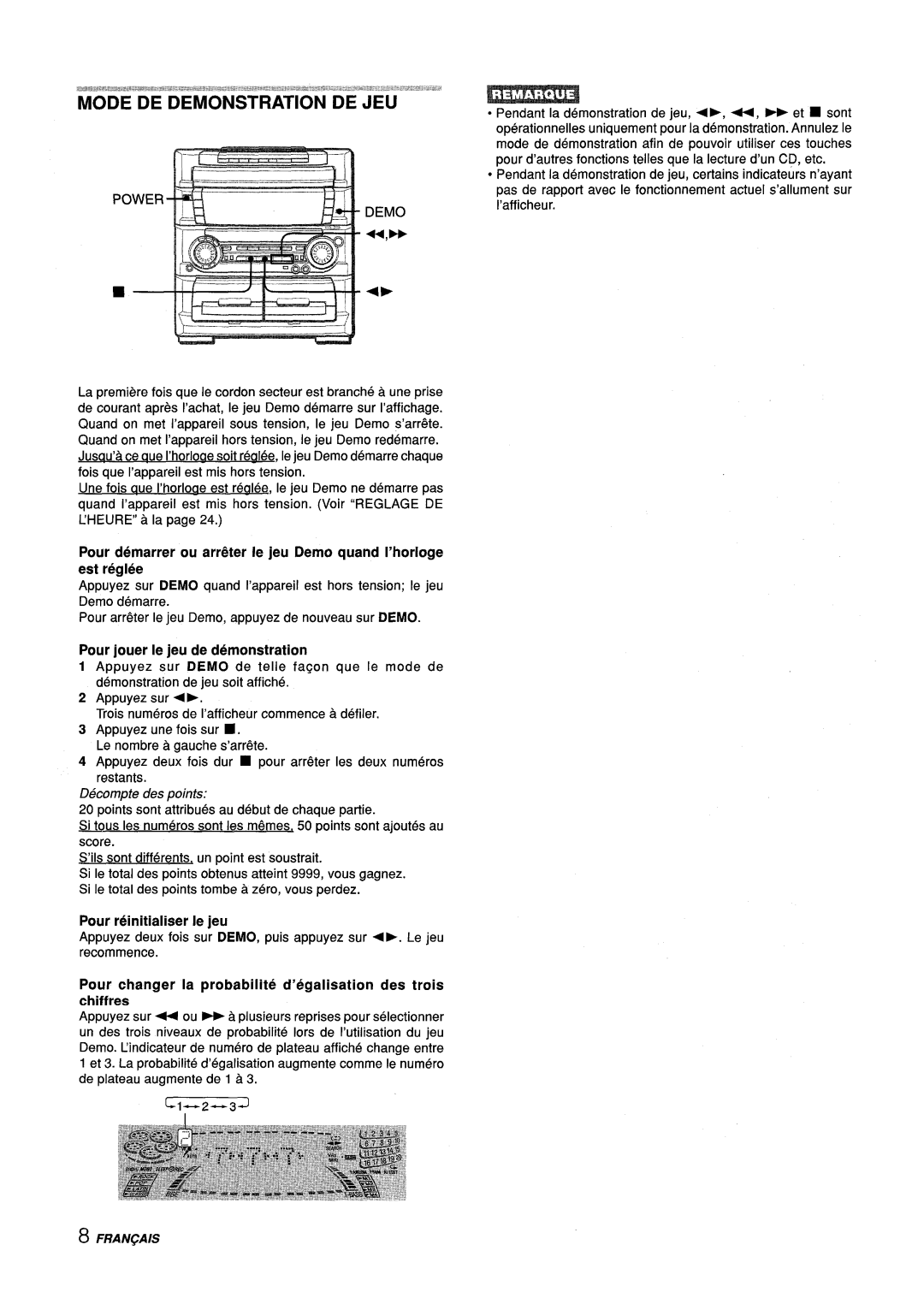 Aiwa Z-L70 manual Pour jouer Ie jeu de demonstration, Pour reinitialiser Ie jeu 