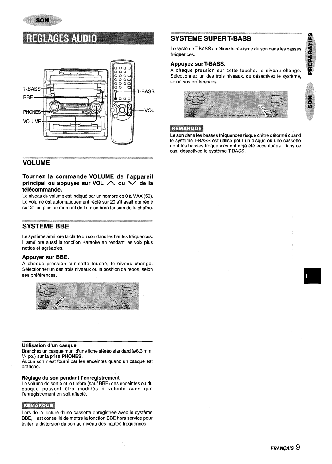 Aiwa Z-L70 manual Appuyez surT-BASS, Appuyer sur BBE, Ass, Utilisation d’un casque, Reglage du son pendant I’enregistrement 