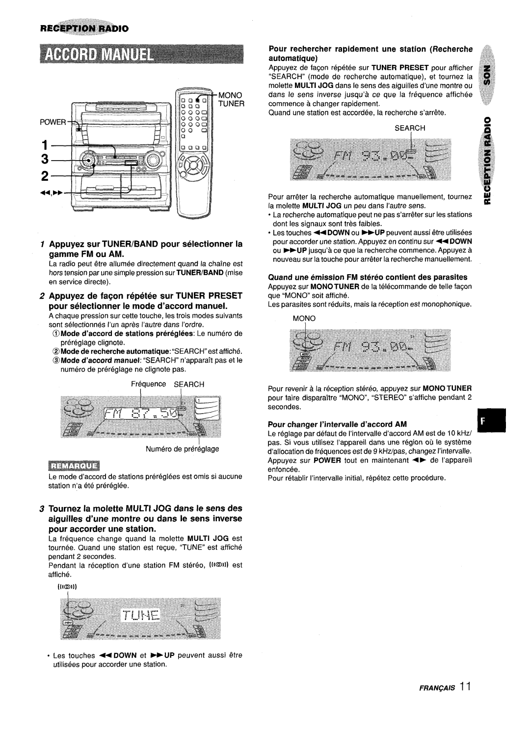 Aiwa Z-L70 Appuyez sur TUNER/BAND pour selectionner la gamme FM ou AM, @Mode d’accord de stations prereglees Le numero de 