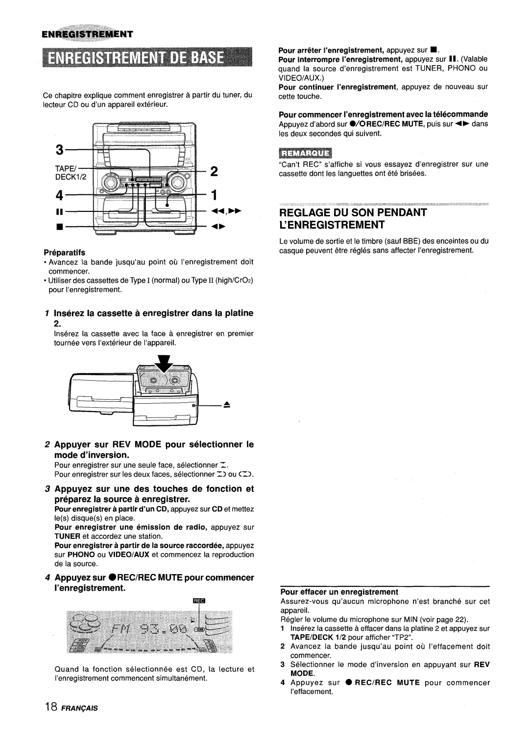 Aiwa Z-L70 manual Reglage 6U SONPEN’’DANT ’ENREGISTREMENT, Inserez la cassette a enregistrer clans la platine, Mode 