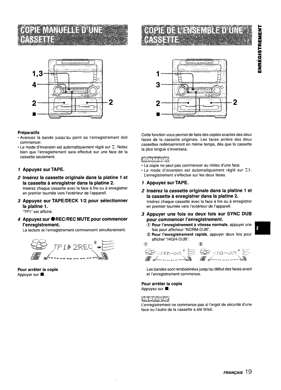 Aiwa Z-L70 Appuyez sur TAPE/DECK 1/2 pour selectionner La platine, Appuyez sur REC/REC Mute pour commencer ’enregistrement 