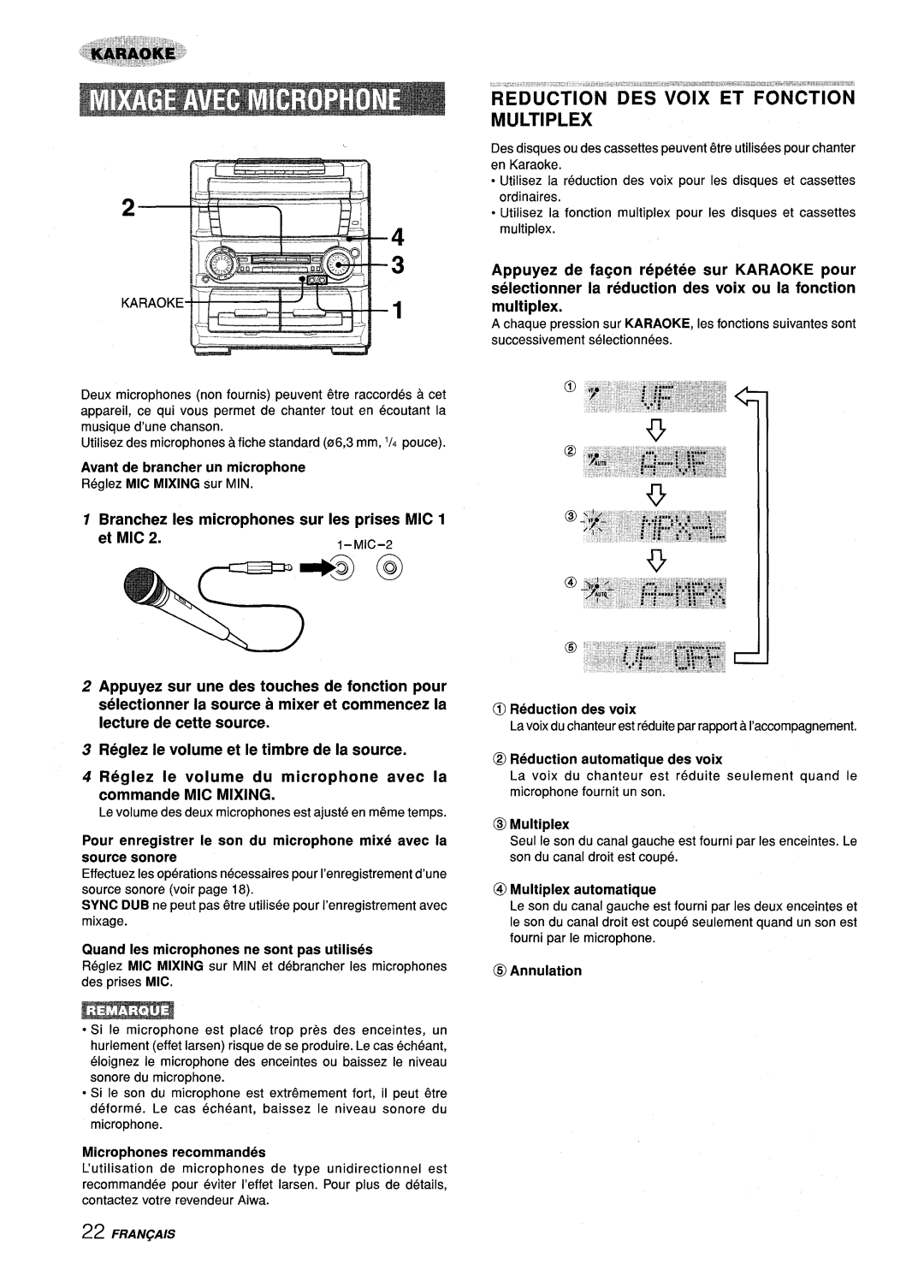 Aiwa Z-L70 manual Multiplex, Branchez Ies microphones sur Ies prises MIC Et MIC, Quand Ies microphonesne sent pas utilises 