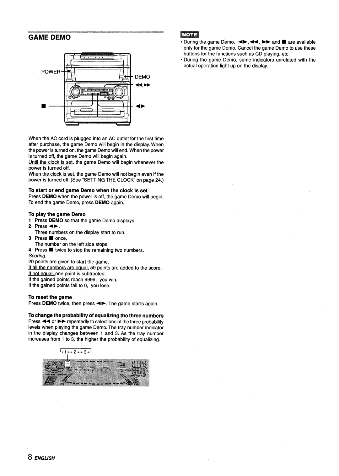 Aiwa Z-L70 manual To start or end game Demo when the clock is set, To play the game Demo, To reset the game 