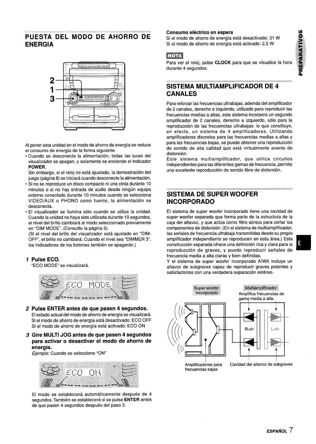 Aiwa Z-L70 manual Puesta Del Modo De Ahorro “De Energia, SISTEMA MULTIA’M3’Pfiti’CADO’R DE 4 CANALES, Pulse ECO, energia 