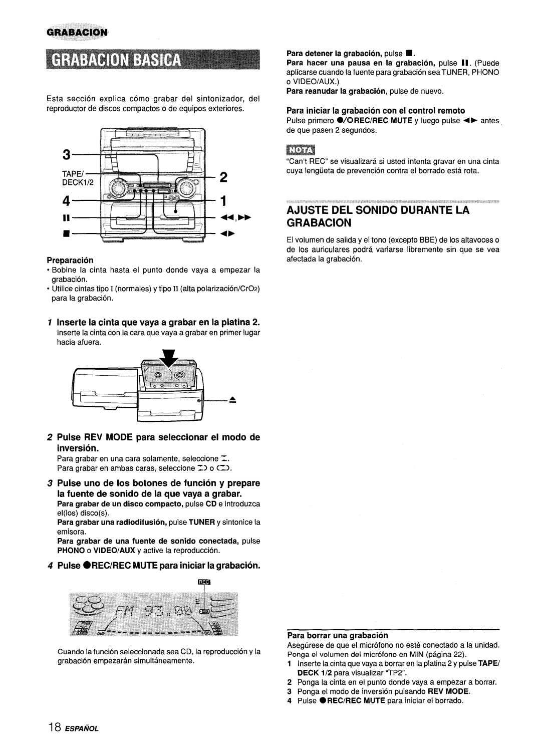 Aiwa Z-L70 manual 1 44,- +F, Ajuste Del Sonido Durante La Grabacion, Inserte la cinta que vaya a grabar en la platina 