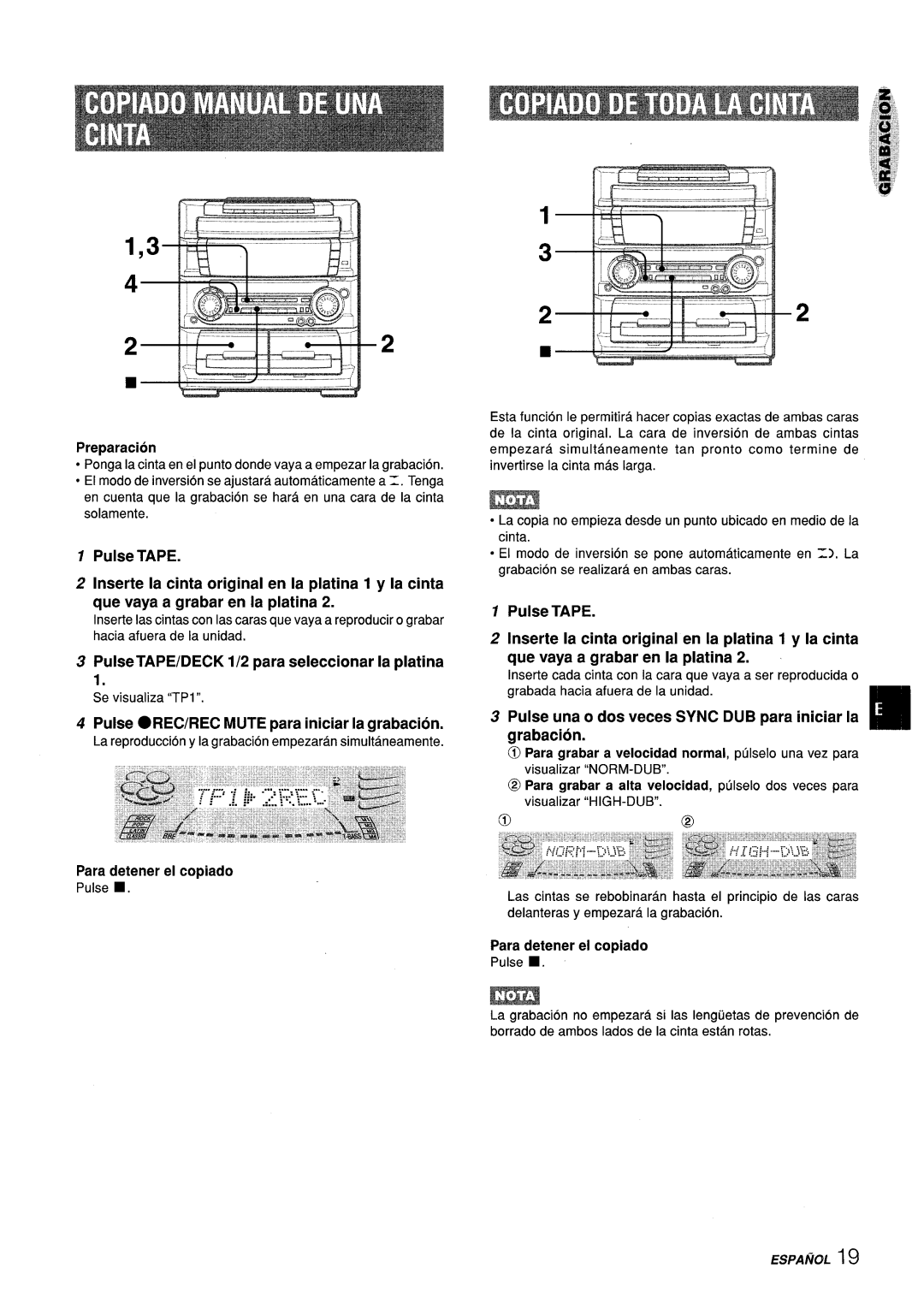 Aiwa Z-L70 manual Preparation, Pulse TAPE/DECK 1/2 para seleccionar la platina, v”zl, Para detener el copiado 