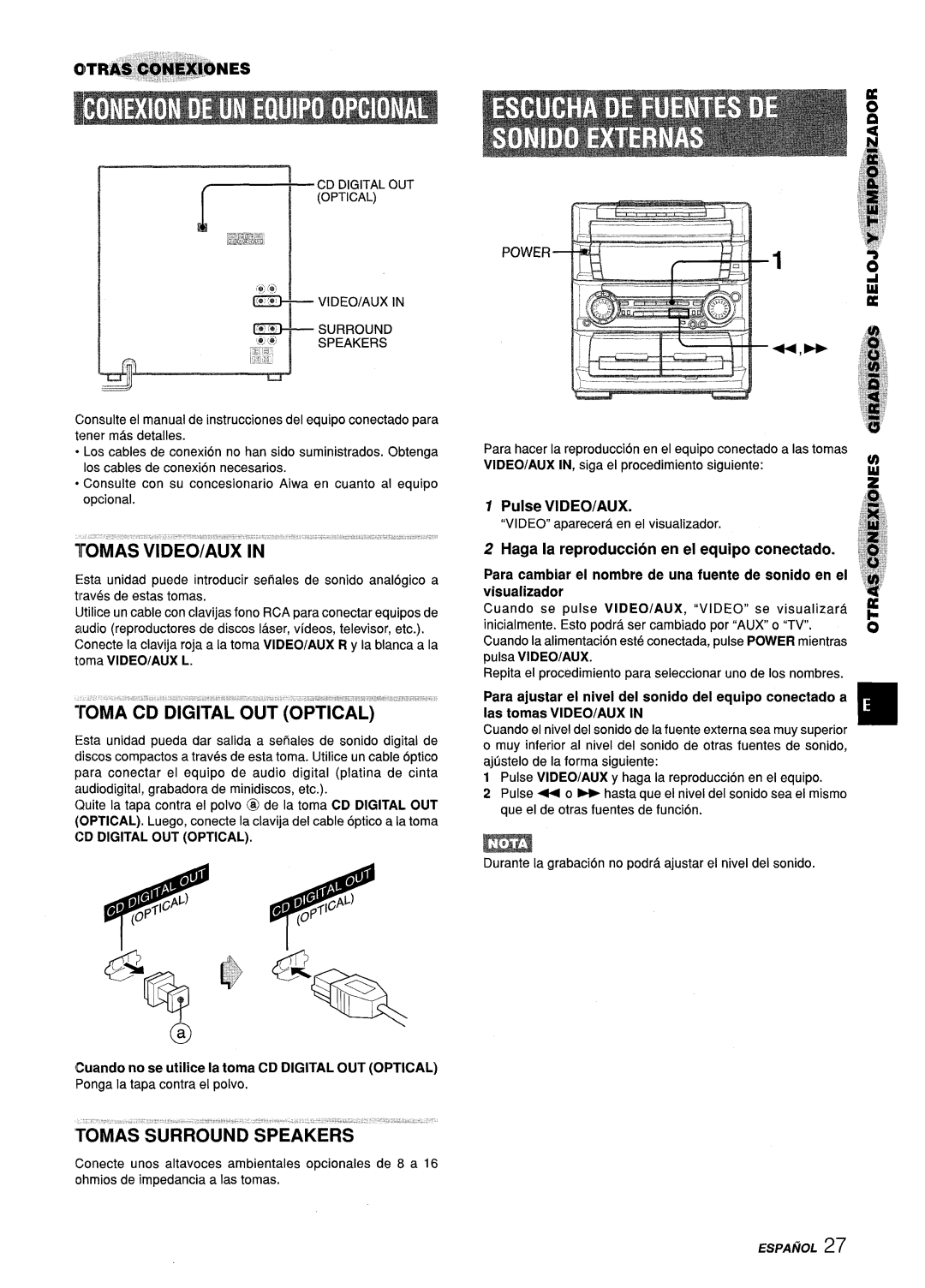 Aiwa Z-L70 manual Tomas Surround Speakers, Pulse VIDEO/AUX, ICuando no se utilice la toma CD DIGITAL OUT OPTICAL 