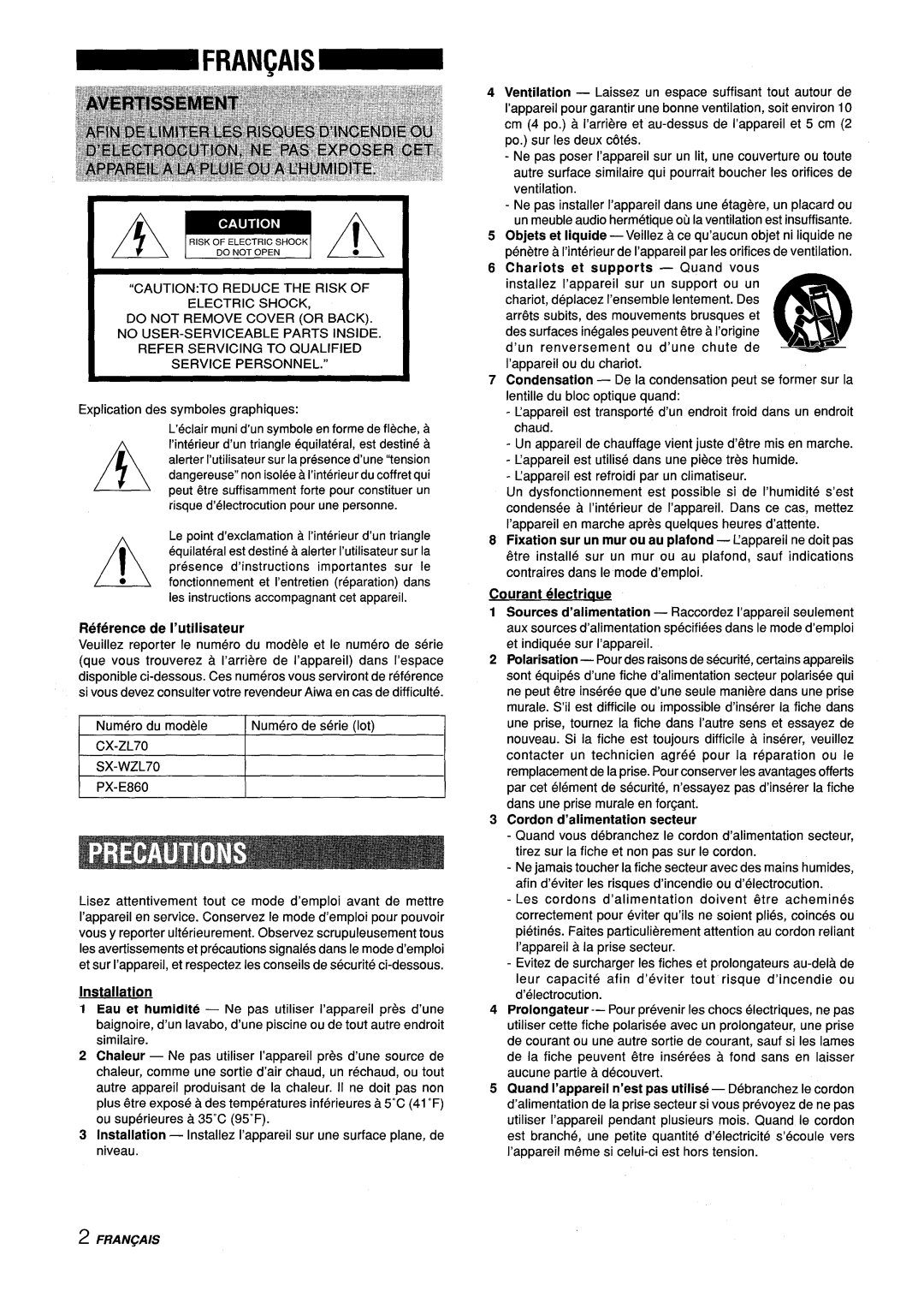 Aiwa Z-L70 manual Courant electriaue, Reference de I’utilisateur, Cordon d’alimentation secteur, Installation, Fran~Ais 