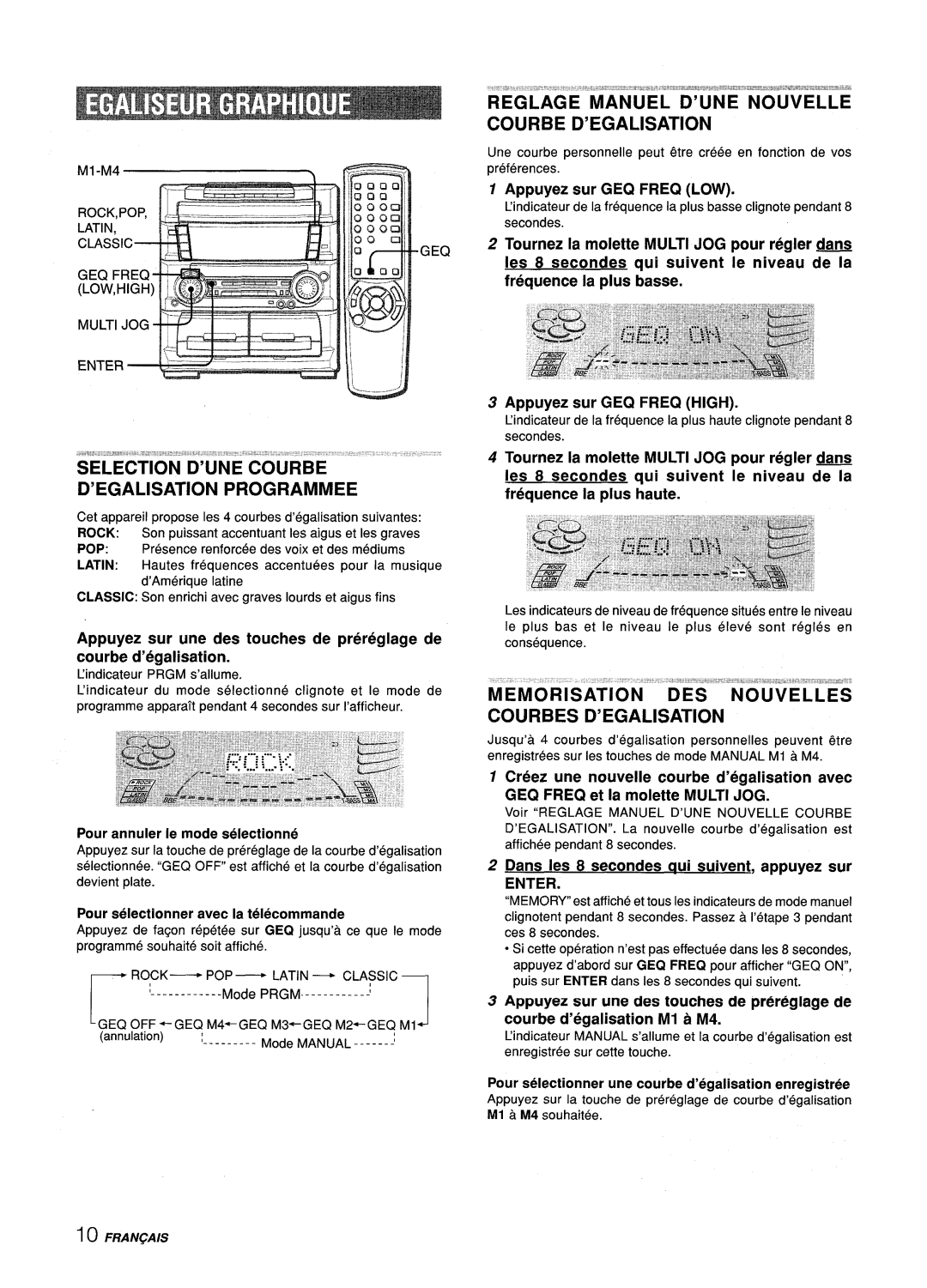 Aiwa Z-L70 manual Programmed, Reglage Manuel D’Une Nouvelle Courbe D’Egalisation, Appuyez sur GEQ FREQ LOW 