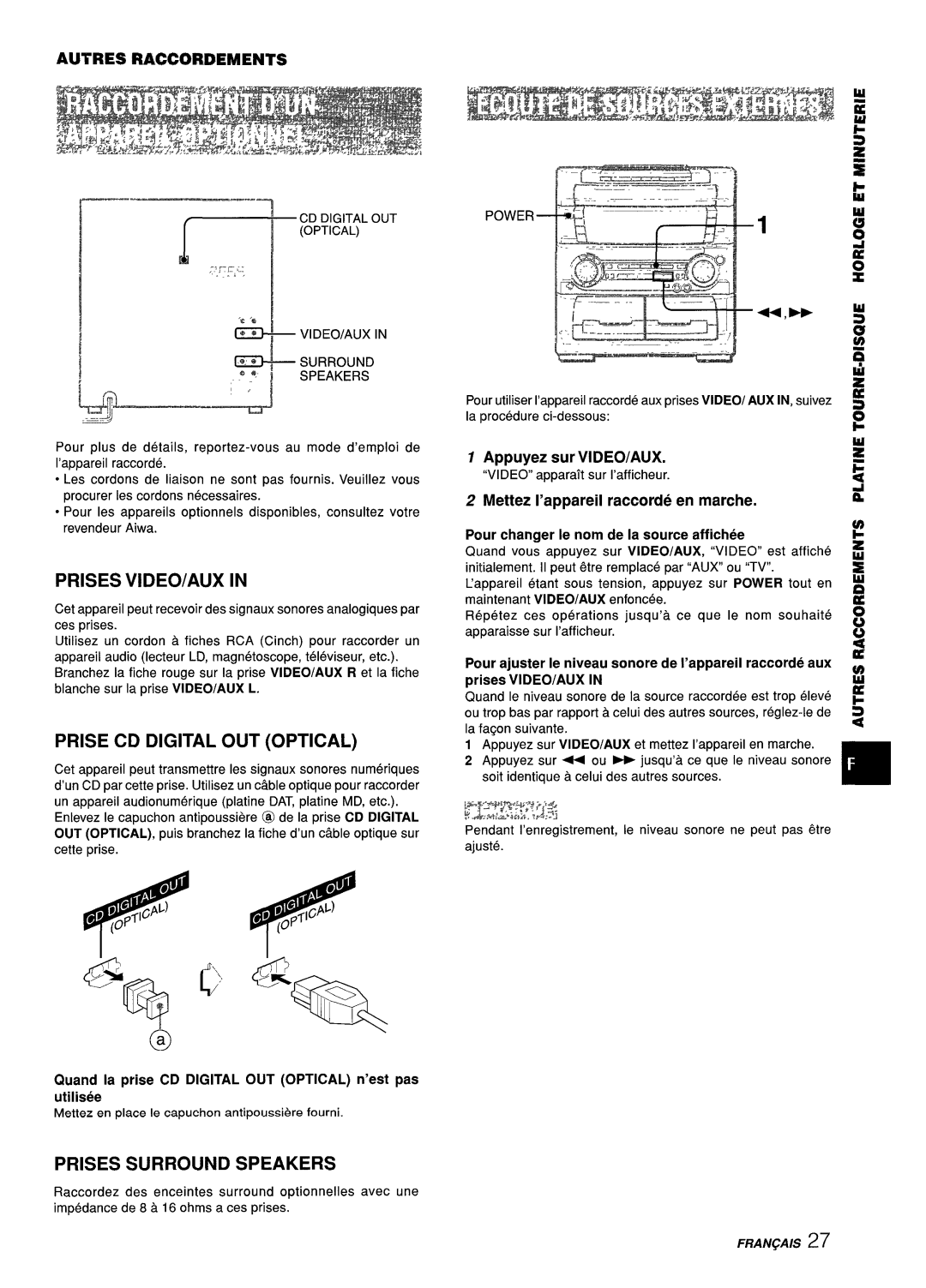 Aiwa Z-L70 manual Prises Video/Aux In, Prise Cd Digital Out Optical, Prises Surround Speakers, Appuyez sur VI DEO/AUX 